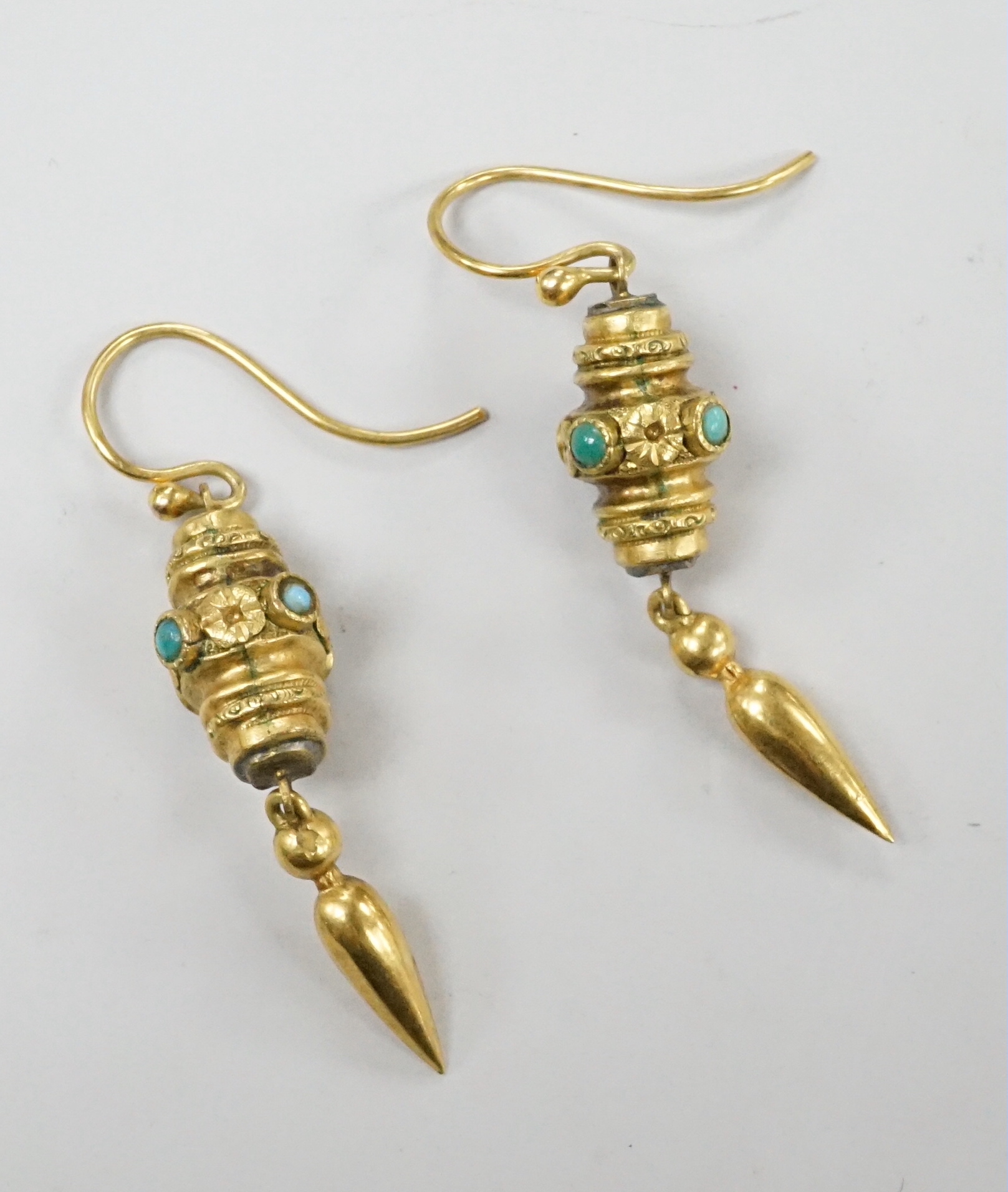 A pair of Victorian yellow metal and turquoise set drop earrings, overall 43mm, gross weight 3.7 grams.